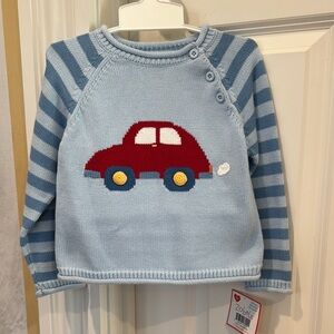 Zubels Blue Striped Rollneck Cotton Sweater with Red Car Design Size 4